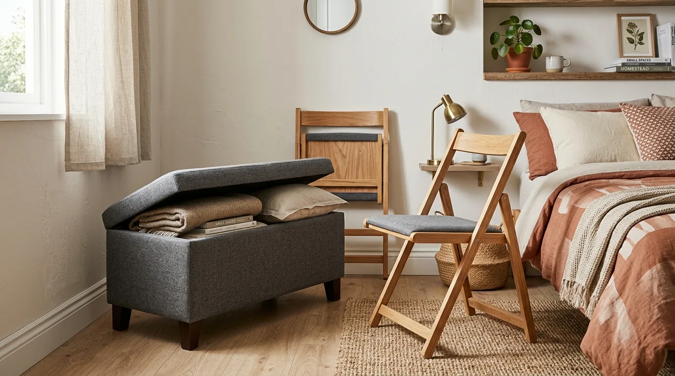 Keep open surfaces edited and useful inspiration for a small bedroom.